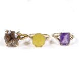 3 9ct gold stone set rings, comprising fire opal, smoky quartz and amethyst, 12.8g total (3)