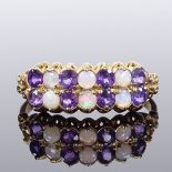 A 9ct gold opal and amethyst double-row half-hoop ring, with openwork shoulders and bridge, maker'