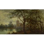 Barbizon School, oil on board, view towards a church at sunset, unsigned, 4" x 7", framed