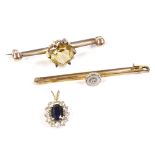 An unmarked gold diamond and mother-of-pearl bar brooch, 9ct citrine bar brooch, and a 9ct