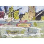 Manner of Julian Trevelyan, gouache on paper, Thames boats, signed with monogram, dated '49, 10" x