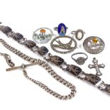 Various silver jewellery, including enamelled thistle brooch, Thai bracelet etc, 65g total