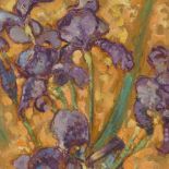 Mid-20th century oil on board, still life study, irises, indistinctly signed, 18" x 15", framed