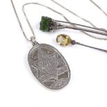 A Carrs of Sheffield silver pendant necklace, pendant height 40mm, and 2 stone set silver bar