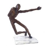 A modernist patinated bronze figure of a man on marble base, height 34cm
