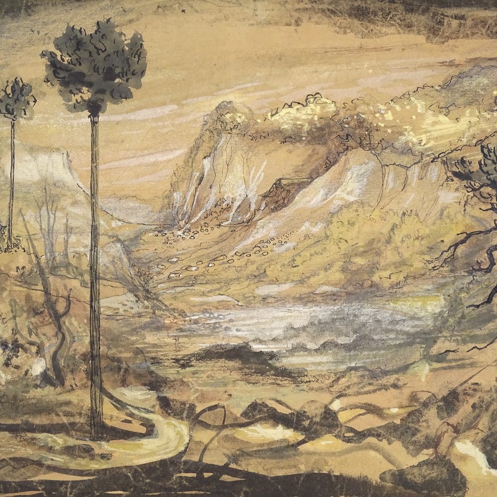 Early 20th century watercolour/ink on paper, surrealist landscape, unsigned, 9.5" x 12.5", unframed