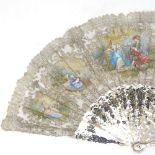 A 19th century carved pierced and gilded mother-of-pearl fan, with hand painted lace screen