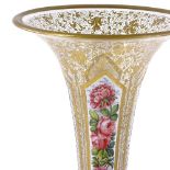 A large 19th century Bohemian overlay glass table centre trumpet epergne, with floral painted panels