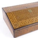 A 19th century Tunbridge Ware writing slope, Greek key parquetry decorated top, with fold-out