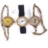 3 lady's 9ct gold cased mechanical wristwatches, one on 9ct expanding strap, two in working order (1