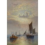 Charles Dixon, watercolour, shipping at sunset, signed and dated 1889, 11" x 8", framed