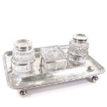 A George III rectangular silver desk stand, double pen tray with cut-glass silver-mounted ink and