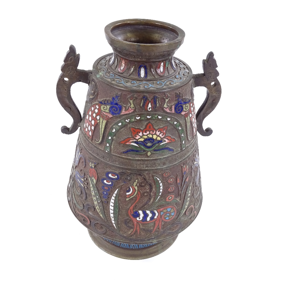 A Chinese relief cast bronze and champleve enamel decorated 2-handled vase, height 36cm - Image 3 of 3