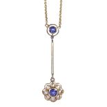 An Edwardian 15ct gold natural colour change spinel and split-pearl cluster drop necklace,