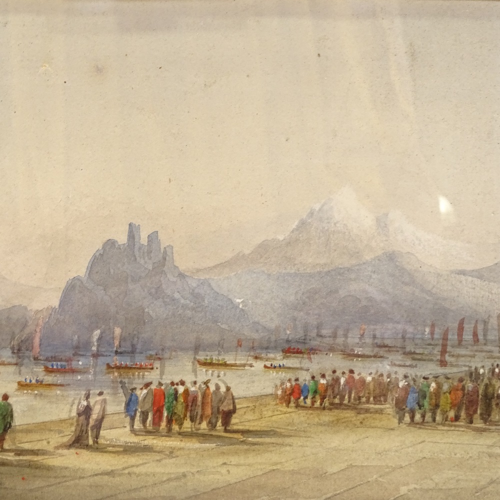 19th century Italian School, watercolour, procession of boats towards The Dolomites, unsigned, 6" - Image 3 of 4