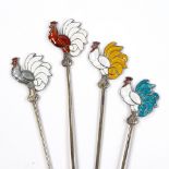 A set of 4 Bernard Meldahl Norwegian vermeil sterling silver and coloured enamel rooster hors d'