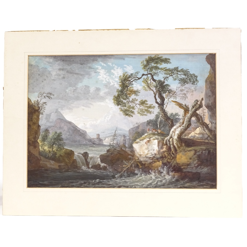 Circle of Paul Sandby (1731 - 1809), watercolour, Arcadian landscape, unsigned, 11" x 15.5", mounted - Image 2 of 4