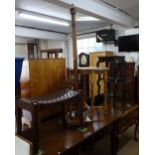 A woven leather-topped stool, an Art Deco standard lamp, and a circular oak occasional table (3)