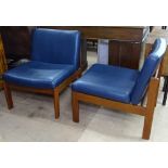 A pair of Ryman Conran mid-century teak low armchairs, later upholstered, with label to the