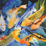 Clive Fredriksson, oil on canvas, carp in a pool, 103cm, 103cm, unframed