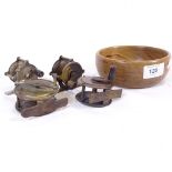 4 small Vintage fishing reels, and a turned wood bowl, diameter 13cm