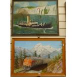 S Handley, oil on board, pilot London number 4, 46cm x 56cm, framed, and a painting of a mountain