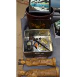 A pair of Oriental figures, 32cm, a painted bin, a box, and other interesting items