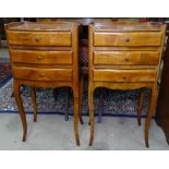 A pair of French walnut 3-drawer bedside chests, W38cm