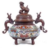 An Oriental bronze and cloisonne 2-handled censer, with Dog of Fo knop, height 18cm