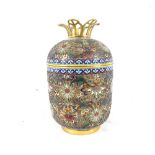 An Oriental cast-brass and cloisonne enamel jar and cover, floral decoration, height 16cm