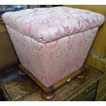 An upholstered concave sewing box/stool on bun feet, W48cm, H50cm