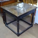 An Antique oak square-top centre table, with carved frieze and baluster legs, W69cm, H65cm