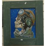 Clive Fredriksson, oil on wood panel, skull in flight cap, signed and dated, 36cm x 30cm, framed