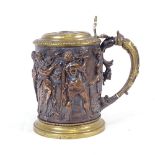 A Victorian Scottish brass and copper tankard, with high relief moulded Classical dancing figures