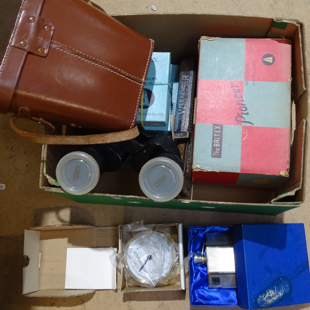 Britex microscope and slides, binoculars, plated flask, harmonica etc