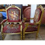 A pair of ornate Continental giltwood and upholstered open armchairs