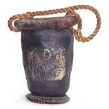 A 19th century leather fire bucket, with painted panel and rope handle, height 31cm