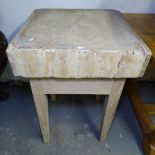A Vintage square butcher's block on stand, W59cm, H86cm