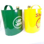 2 oval painted petrol cans with brass caps - Land Rover and Shell, height 34cm (2)