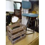 A Vintage swivel machinist's chair, a Vintage pine mineral water bottle crate, ans a vintage ironing