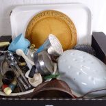 Various kitchenalia, including bread board, enamelled pans etc