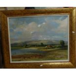 Oil on board, landscape with cottage, 50cm x 65cm, signed N Dinnage?, framed