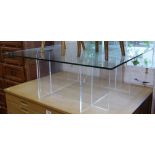 A modern square glass-top coffee table, on a 4-section perspex base, W100cm, H39cm