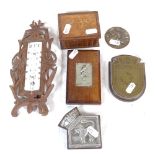 Novelty carved wood book box, mercury thermometer, plaques etc