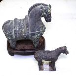 A verdigris Tang style horse, and one similar and a hard wood stand