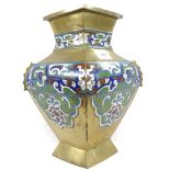 An Oriental brass vase with enamel decoration, height 31cm