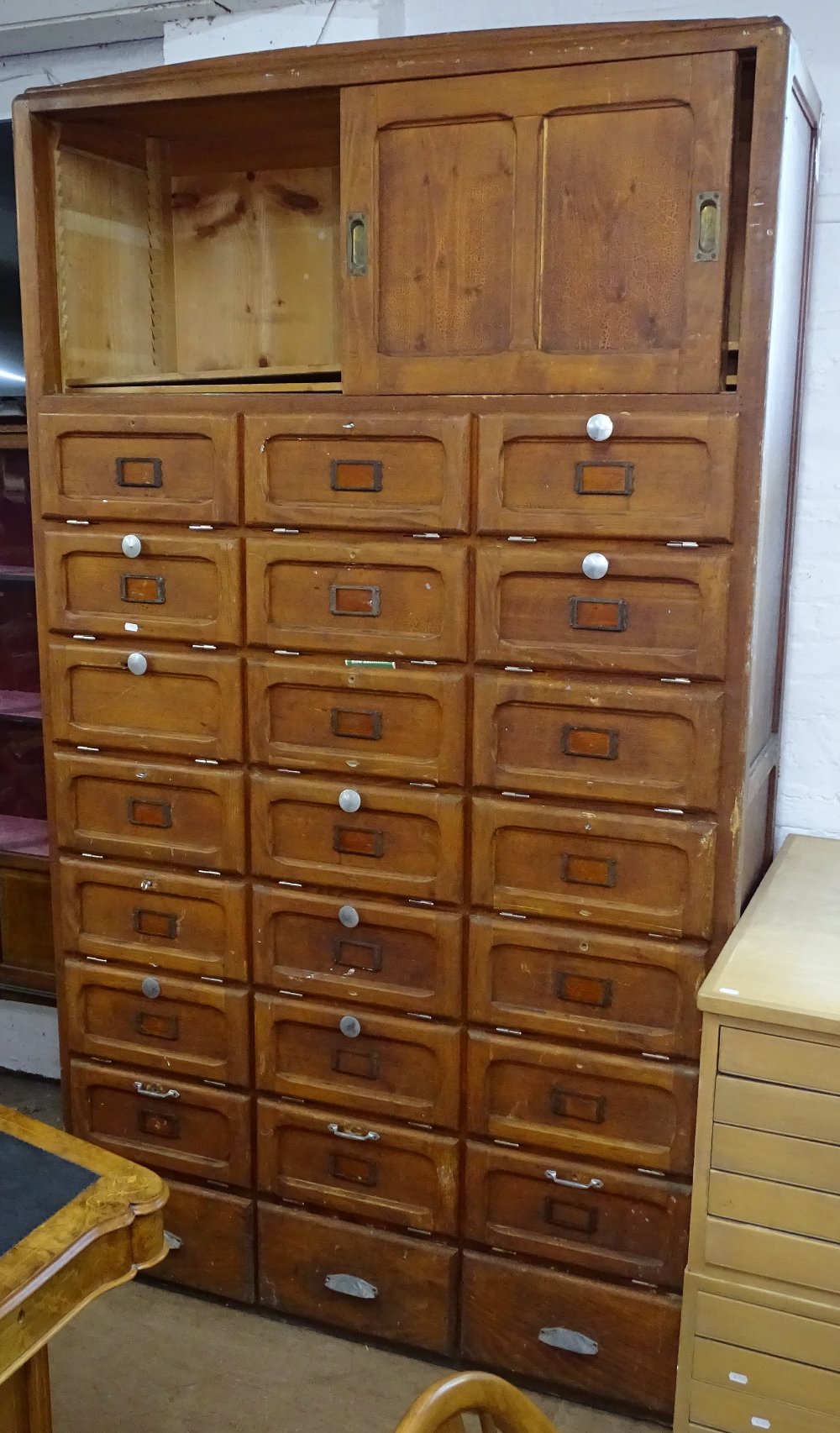 A large Vintage French pine Notaire cabinet, with fitted drawers and cupboards, W130cm, H225cm,