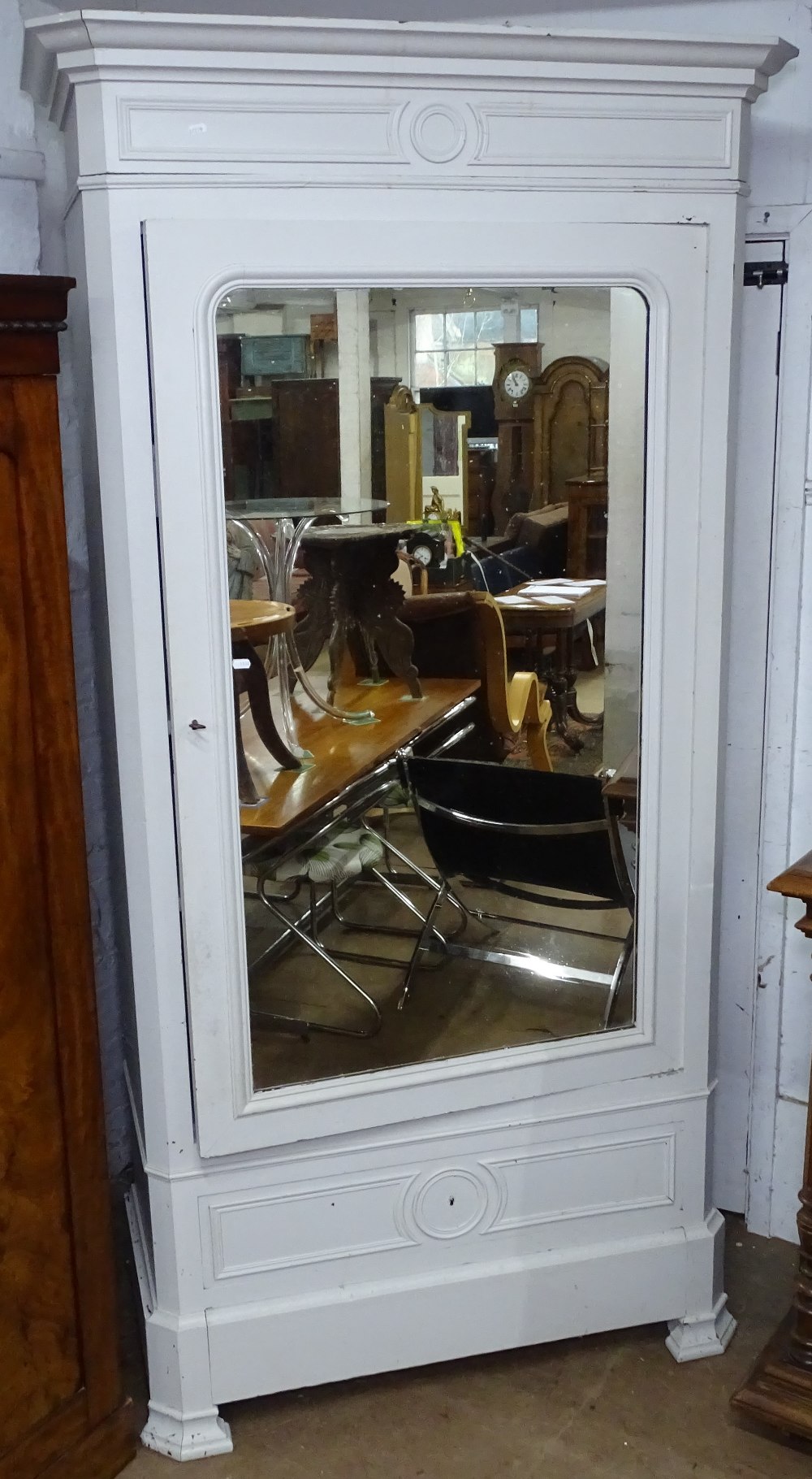 A large Continental painted pine armoire, with pinn-hinged mirrored door, W100cm, H220cm