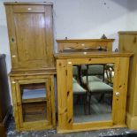 A pine framed table-top display cabinet, a hanging pine cabinet, a mirror, and another (4)