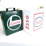 2 painted petrol cans with brass caps - Castrol and Esso, height 31cm (2)